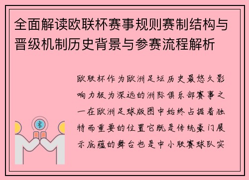 全面解读欧联杯赛事规则赛制结构与晋级机制历史背景与参赛流程解析